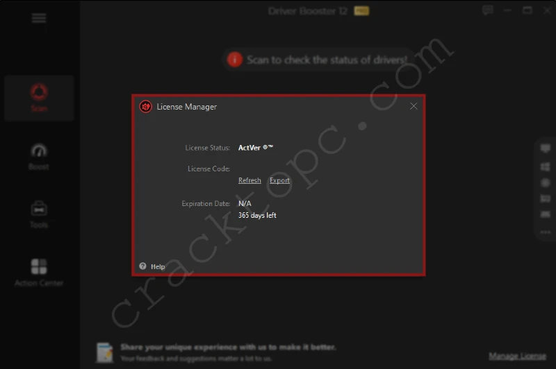 Driver Booster Pro 12 activated version with 365 days left, displaying successful license activation